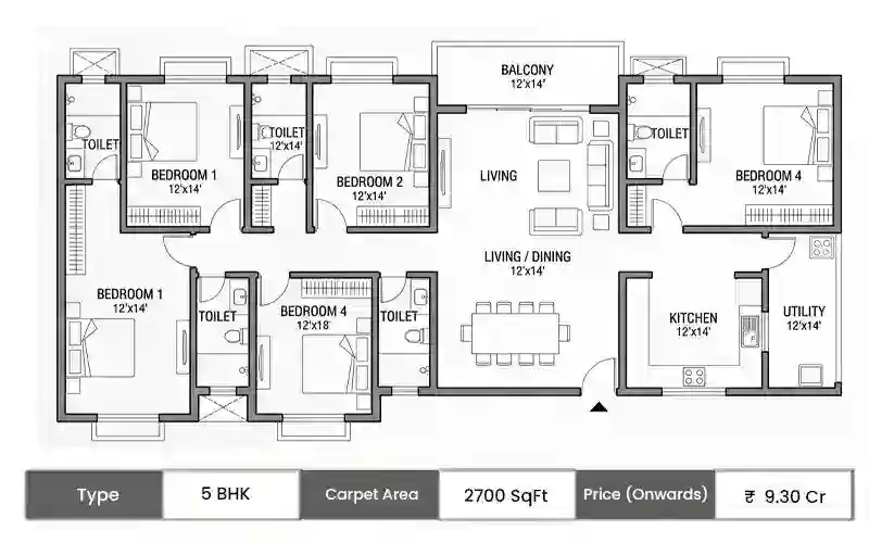 Lodha Acenza 5 BHK floor plan, 2700 sq ft carpet area